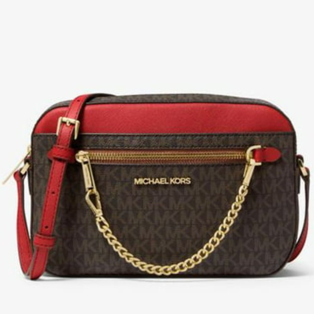 Michael Kors Women's Jet Set Large Logo Crossbody Bag In SIG. Brown/Red